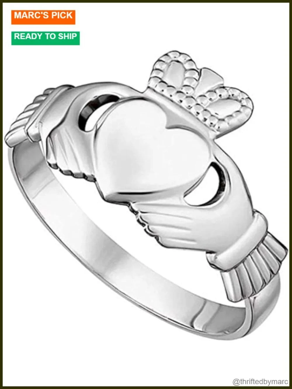 Sterling Silver Claddagh Ring, Rhodium-Plated, Irish Made